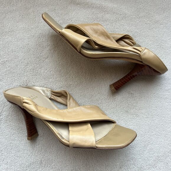 Stuart Weitzman Camel Brown Leather Slide Heeled Sandals Women 5.5 M Crossover‎